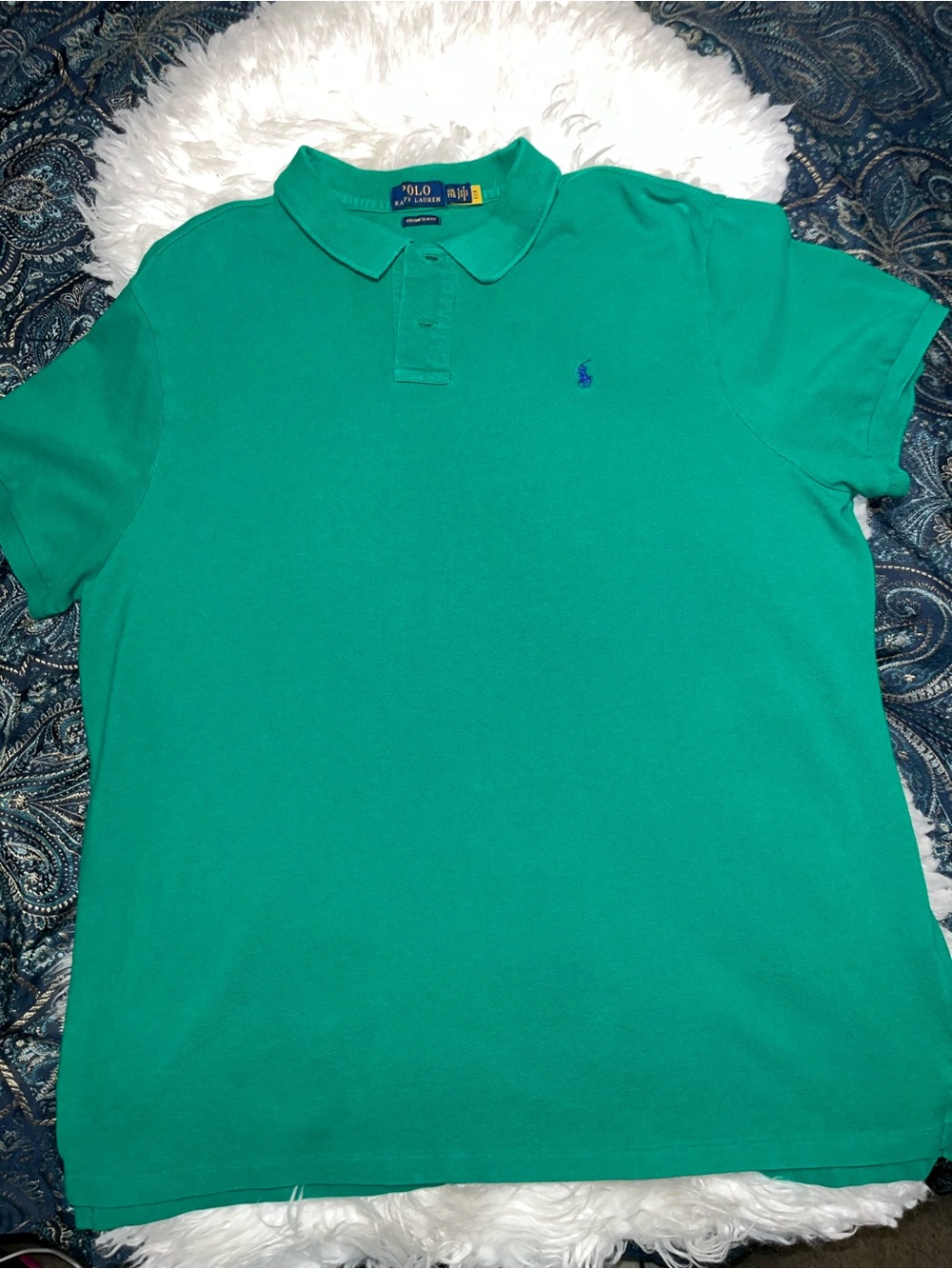 Custom slim fit Ralph Lauren Green Polo Shirt with Blue Logo Tag